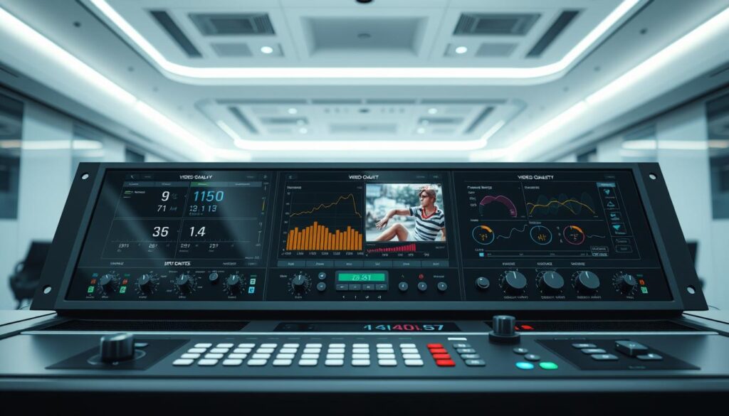 A high-tech, futuristic 4K IPTV encoder control panel with a sleek, minimalist design. The foreground features a large, high-resolution display showcasing various video quality settings and performance metrics. The middle ground includes an array of intuitive control buttons and knobs for precise adjustments. The background depicts a clean, modern interior with subtle lighting accents, conveying a sense of technological sophistication. The overall scene exudes an aura of efficiency, precision, and the ability to deliver top-notch 4K streaming quality.