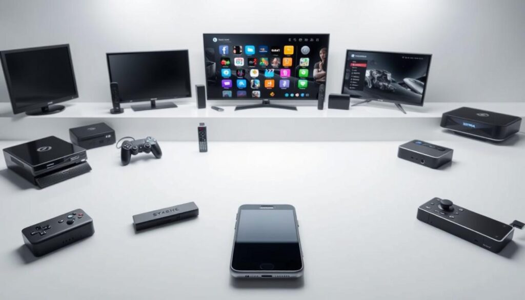 A sleek and modern device compatibility display, showcasing a range of electronic devices in a well-lit, minimalist setting. In the foreground, a central smartphone or tablet is prominently featured, surrounded by a halo of compatible devices such as smart TVs, game consoles, and streaming sticks. The middle ground features a clean, white background with subtle gradient accents, creating a sense of depth and focus. The background is softly illuminated, providing a crisp, professional atmosphere that highlights the technical capabilities of the devices. The overall composition conveys a sense of seamless integration and versatility, reflecting the "Nigma Streamz" IPTV solution's broad device compatibility.