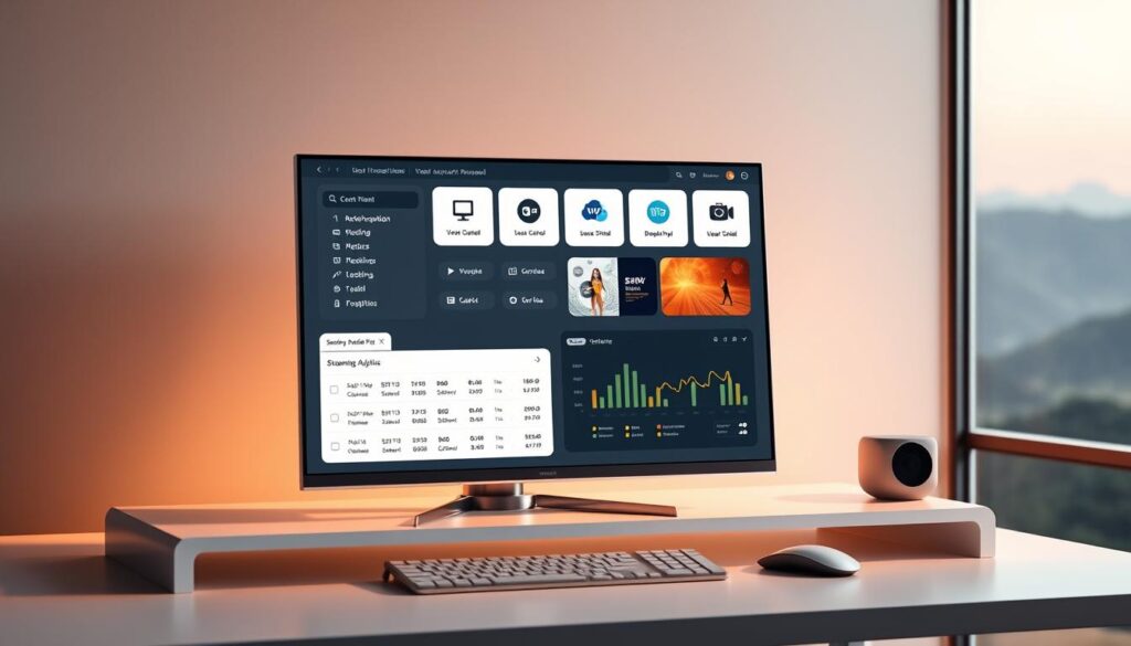 A sleek, modern IPTV reseller panel displayed on a minimalist desktop setup. The panel features a clean, intuitive interface with easy-to-navigate menus, user account management tools, and real-time streaming analytics. The desktop is bathed in warm, soft lighting, creating a professional and inviting atmosphere. The panel is presented from a slightly elevated, three-quarter angle, showcasing its elegant design and responsive layout. The background is a blurred, gradient-based landscape, keeping the focus on the reseller panel's functionality and features.