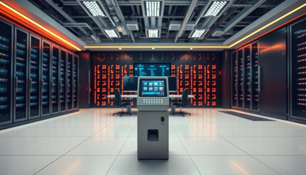 A sleek, modern data server room with state-of-the-art security measures. In the foreground, a biometric hand scanner and a digital keypad control access to the server racks. The middle ground features a bank of high-performance workstations and a large security monitoring display. The background showcases a wall of blinking LED-lit network switches and a large, reinforced metal door. Warm, professional lighting illuminates the scene, creating a sense of safety and vigilance. The overall atmosphere conveys a strong emphasis on data protection, privacy, and technological sophistication.