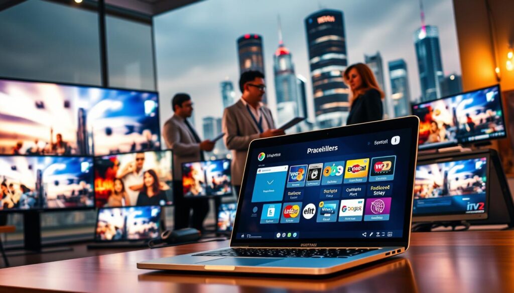 A vibrant and dynamic marketing scene showcasing the IPTV reseller business. In the foreground, a laptop displays a sleek, user-friendly IPTV platform interface, highlighting the advanced features and content offerings. Surrounding it, an array of digital devices and screens, each showcasing captivating visuals and branding elements that draw the viewer's attention. In the middle ground, a team of savvy IPTV resellers collaborate, strategizing their promotional campaigns and customer outreach. The background features a cityscape, representing the global reach and scalability of the IPTV reseller model. Warm lighting and a sense of energy and excitement permeate the scene, conveying the vast potential and opportunities within the IPTV reseller industry.